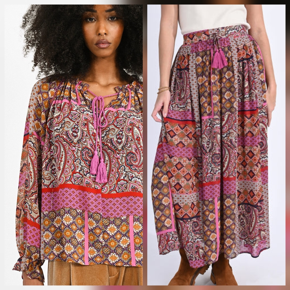 Molly Bracken Skirt Set Womens M Pink Paisley Patchwork Boho Hippie Cottagecore